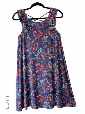 LOFT NWOT BLUE PAISLEY RUFFLE CAP SLEEVE DRESS CRISS-CROSS BACK SLEEVELESS | XS